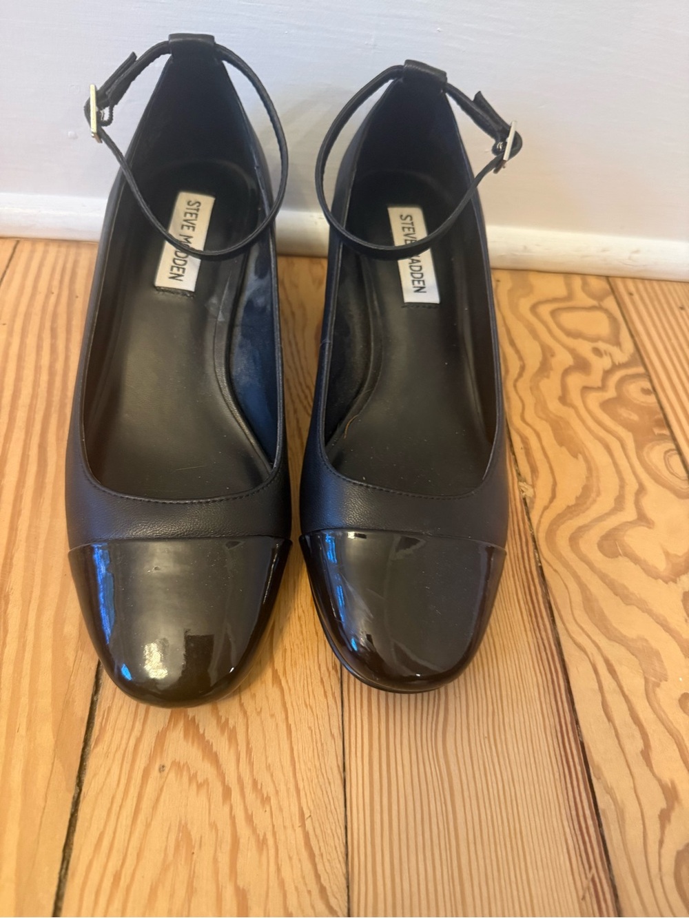 Steve Madden Black Ankle-Strap Cap-Toe Pumps